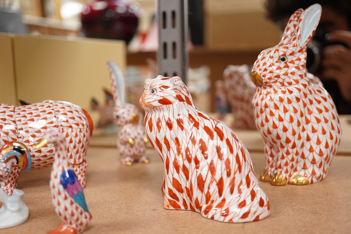 A group of Herend red scale animals and a similar cat, 14cm high